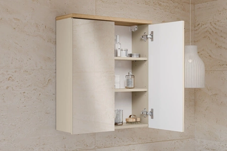 Szafka łazienkowa wisząca z lustrem Bali 80 cm beżowy / dąb wotan elegancka i nowoczesna szafka o minimalistycznej konstrukcji