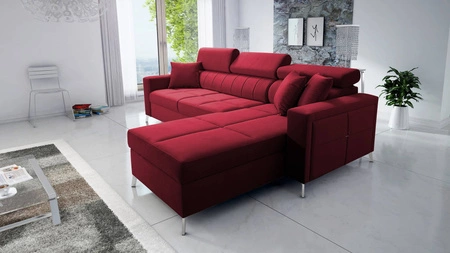 Narożnik z funkcją spania Nausa bordowy prawostronny velvet stylowy komfortowy narożnik regulowane zagłówki pojemnik na pościel