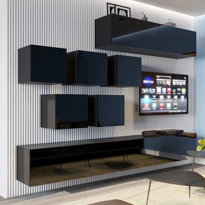 Meblościanka Spata czarna / czarny połysk stylowe bezuchwytowe bryły modernistyczna meblościanka do salonu lub pokoju dziennego