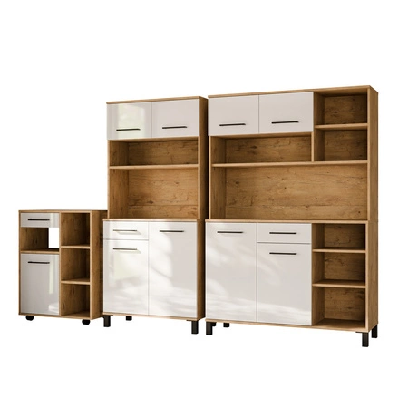 Zestaw mebli kuchennych Vento 270 cm dąb lancelot / biały połysk zestaw z szafką na kółkach idealne do aranżacji małego aneksu kuchennego