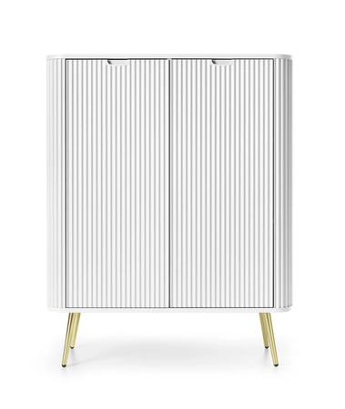 Komoda Zoya 103 cm biała elegancki design owalny kształt bryły osadzony na złotych metalowych nogach gustowny ryflowany front