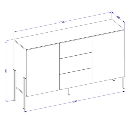 Komoda z szufladami Jukon 154 cm biała elegancka forma mebla w nowoczesnym stylu system otwierania push to open metalowe czarne nogi