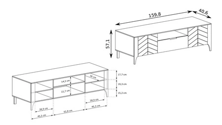 Szafka RTV Malumi 160 cm beżowa stylowy design ozdobny wzór jodełki na frontach minimalistyczny metalowy uchwyt wysoka podstawa