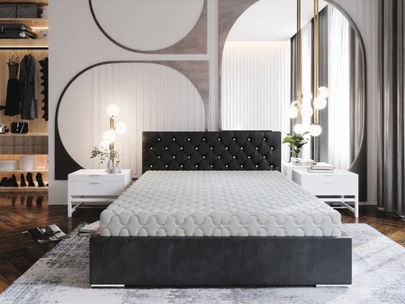 Łóżko tapicerowane Bauru 140x200 grafitowe z pojemnikiem w nowoczesnym skandynawskim stylu z pikowanym zagłówkiem z kryształkami