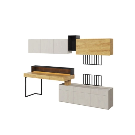 Meblościanka Teen Flex hikora naturalna / silk flou / raw steel designerskie meble idealne dla nastolatka lub do aranżacji biura