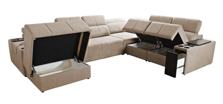 Narożnik z funkcją spania Tesalia VIII niebieski lewostronny komfortowy narożnik do salonu z innowacyjną funkcją przesuwanego oparcia