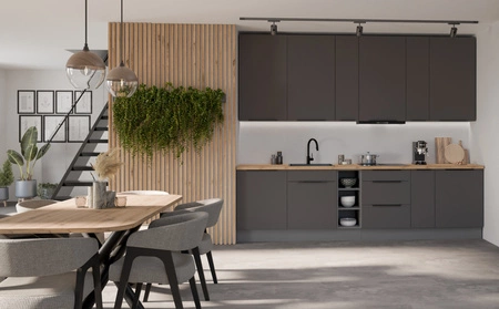 Zestaw mebli kuchennych Aversa Ant 300 cm stylowe szafki kuchenne z frontami wykonanymi w technologii anti fingerprint metalowe uchwyty