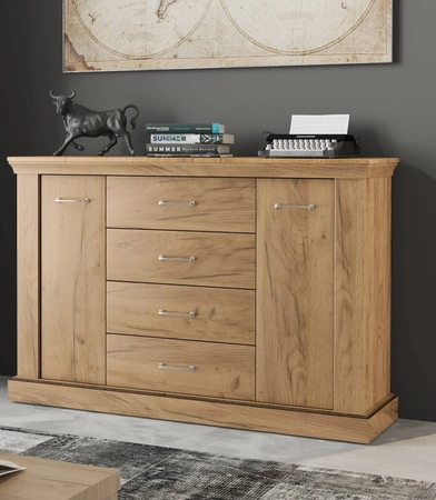 Komoda z szufladami Antica 142 cm dąb craft złoty elegancki styl idealna komoda do salonu sypialni lub biura prosta forma