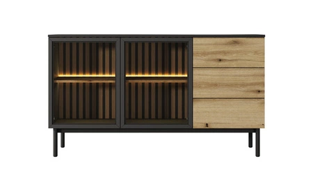 Komoda z szufladami Clovis 150 cm czarny / dąb evoke wyjątkowy design mebla przeszklone fronty ozdobne lamele we wnętrzu komody