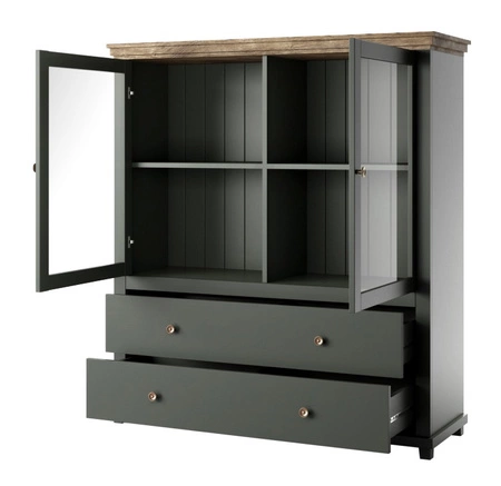 Komoda wysoka Evora 126 cm butelkowa zieleń / dąb lefkas zachwyci miłośników wyrazistych wnętrz idealna do salonu lub jadalni