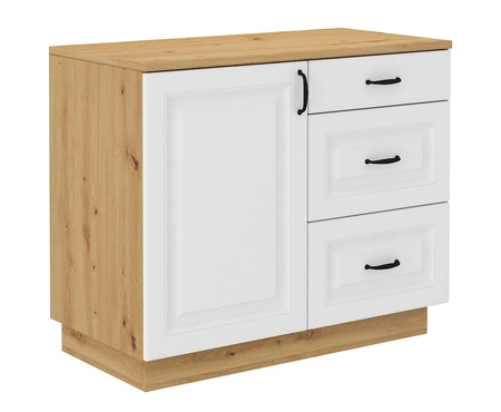 Kredens Scandi 100 cm dąb artisan / biały klasyczny design bezpieczne szkło hartowane stylowe frezowane fronty pojemne szuflady