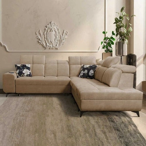 Narożnik z funkcją spania Buffalo IX ciemny beżowy prawostronny stylowy narożnik do pokoju wykonany z welurowej tkaniny ozdobne poduszki