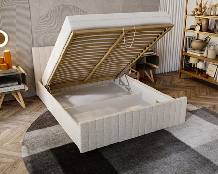 Łóżko tapicerowane Sobral 160x200 ciemny beżowy komfortowe łóżko z pojemnikiem na pościel gustowny zagłówek i zanóżek