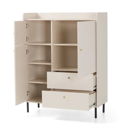 Komoda z szufladami Ferdi 104 cm beż piaskowy oryginalny design wysokie ranty blatu komoda osadzona na metalowych nogach