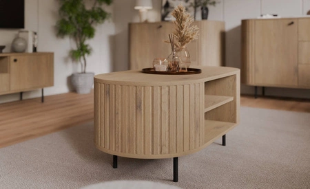 Stolik kawowy Ovalio dąb cremona designerska owalna konstrukcja dekoracyjne frezowania stolik osadzony na stabilnych metalowych nogach