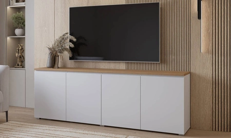 Komoda Modo 200 cm biała / dąb mauvella prosta forma w nowoczesnym wydaniu idealna komoda do salonu lub sypialni frezowany uchwyt