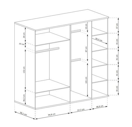 Szafa z lustrem Cali 200 cm dąb artisan / czarny drzwi szafy ozdobione lamelami w kolorze dębu czarne uchwyty pojemne szuflady