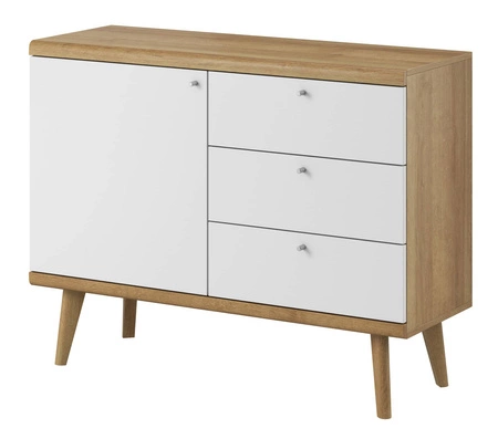 Meblościanka Primo dąb riviera / biała nowoczesny design obrzeża wykończone specjalną okleiną i system cichego domykania