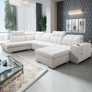 Narożnik z funkcją spania Luigi VI jasny beż prawostronny stylowy narożnik rozkładany z pojemnikami na pościel pokryty miękką tkaniną