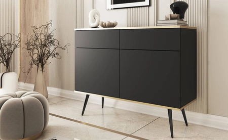 Komoda z szufladami Luxury 107 cm czarna nowoczesny design komody do salonu korpus zwieńczony złotą listwą wysokie metalowe nogi