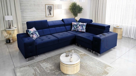 Narożnik z funkcją spania Hampton II granatowy prawostronny stylowy narożnik rozkładany miękka tkanina obiciowa typu velvet