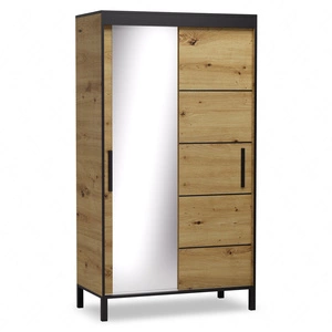 Szafa przesuwna z lustrem Bell 120 cm dąb artisan / czarny stylowa szafa do przedpokoju lub biura w stylu loftowym wysoka podstawa