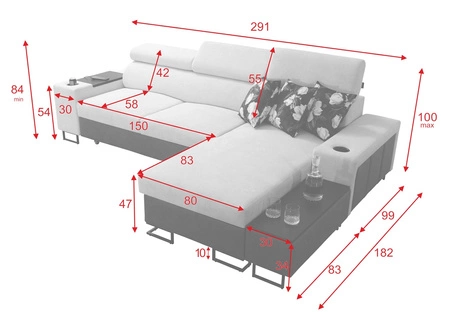 Narożnik z funkcją spania Flavio grafitowy prawostronny komfortowy elegancki narożnik z dostawką otwierany barek w boczku mebla
