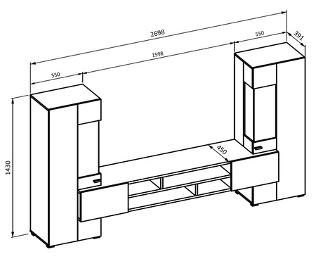 Zestaw mebli Coby biały / biały połysk / dąb wotan stylowe meble o ciekawym designie srebrne uchwyty meblościanka do salonu elementy z szkła hartowanego