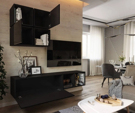 Meblościanka Perisa czarna / czarny połysk minimalistyczny design meblościanka do salonu lub pokoju dziennego system push to open