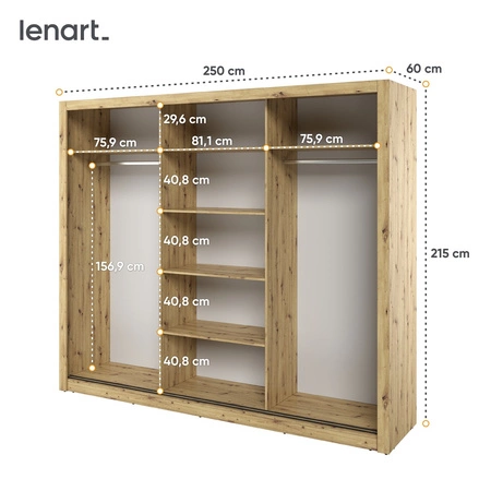 Szafa przesuwna z lustrem Arti 250 cm dąb artisan pojemna szafa do sypialni lub przedpokoju drzwi szafy wykończone dużymi lustrami