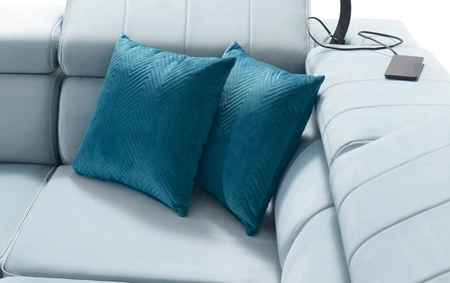 Narożnik z funkcją spania Rava II błękitny lewostronny velvet komfortowy narożnik z pojemnikiem na pościel wielofunkcyjna lampka