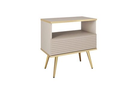 Szafka nocna z szufladą Luxury beżowa elegancki design korpus zwieńczony złotą listwą szafka z ryflowanym frontem złote wysokie nogi