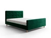 Łóżko tapicerowane Isara 140x200 butelkowa zieleń z pojemnikiem w nowoczesnym skandynawskim stylu z charakterystycznym wezgłowiem oraz z zanóżkiem