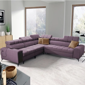 Narożnik z funkcją spania Bolmso III fioletowy lewostronny narożnik z pojemnikami na pościel szuflada z pełnym wysuwem w boczku mebla