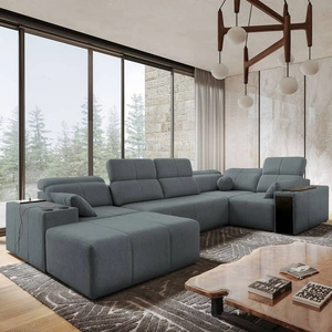 Narożnik z funkcją spania Tesalia IV szary lewostronny komfortowy narożnik do salonu z innowacyjną funkcją przesuwanego oparcia