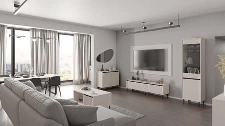 Stolik kawowy Osaka beżowy / czarny z szufladami elegancka konstrukcja wzmocniona metalowymi nogami w czarnym kolorze gustowny ryflowany front