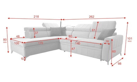 Narożnik z funkcją spania Rava III szary popiel lewostronny velvet komfortowy narożnik z regulowanymi zagłówkami i pojemnikiem na pościel