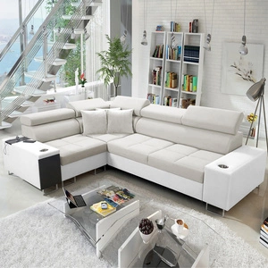 Narożnik z funkcją spania Dafni II kość słoniowa / biały lewostronny velvet narożnik z pojemnikiem na pościel i szufladą w boczku