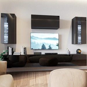 Meblościanka Tembi czarna / czarny połysk nowoczesny design meblościanka do salonu lub pokoju dziennego system push to open