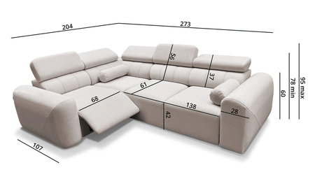 Narożnik z funkcją spania Cantare II Lux łososiowy lewostronny komfortowy narożnik do salonu z podnoszonym podnóżkiem miękka tkanina