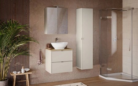 Szafka łazienkowa wisząca z lustrem Bella 80 cm beżowa elegancka i nowoczesna szafka doskonale zagospodaruje przestrzeń nad umywalką