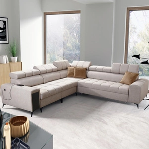 Narożnik z funkcją spania Bolmso III beżowy lewostronny narożnik z pojemnikami na pościel szuflada z pełnym wysuwem w boczku mebla