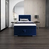 Łóżko kontynentalne Fargo 100x200 granatowe w nowoczesnym skandynawskim stylu z tapicerowanym zagłówkiem łóżko z pojemnikiem