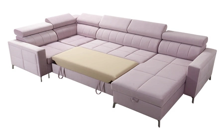 Narożnik z funkcją spania Nausa V pudrowy róż prawostronny elegancki narożnik do salonu wykonany z miękkiej tkaniny typu velvet