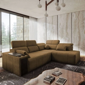 Narożnik z funkcją spania Tesalia VII brązowy prawostronny nowoczesny design komfortowe przesuwane oparcie szuflada w boczku mebla