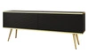 Szafka RTV Luxury 135 cm czarna elegancki design stylowy ryflowany front korpus zwieńczony złotą listwą złote metalowe nogi