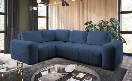 Narożnik z funkcją spania Bovec II niebieski lewostronny komfortowy narożnik rozkładany o stylowym charakterze pojemnik na pościel