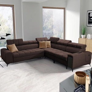 Narożnik z funkcją spania Bolmso III brązowy prawostronny narożnik z pojemnikami na pościel szuflada z pełnym wysuwem w boczku mebla