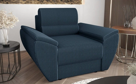 Fotel Fogu niebieski nowoczesny design wygodny fotel do salonu sztruksowa tkanina o wyrazistych prążkach szerokie podłokietniki