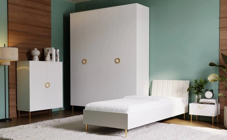 Komoda Belluna 90 cm beżowa elegancka komoda do sypialni w minimalistycznym stylu designerskie uchwyty wysokie metalowe nogi